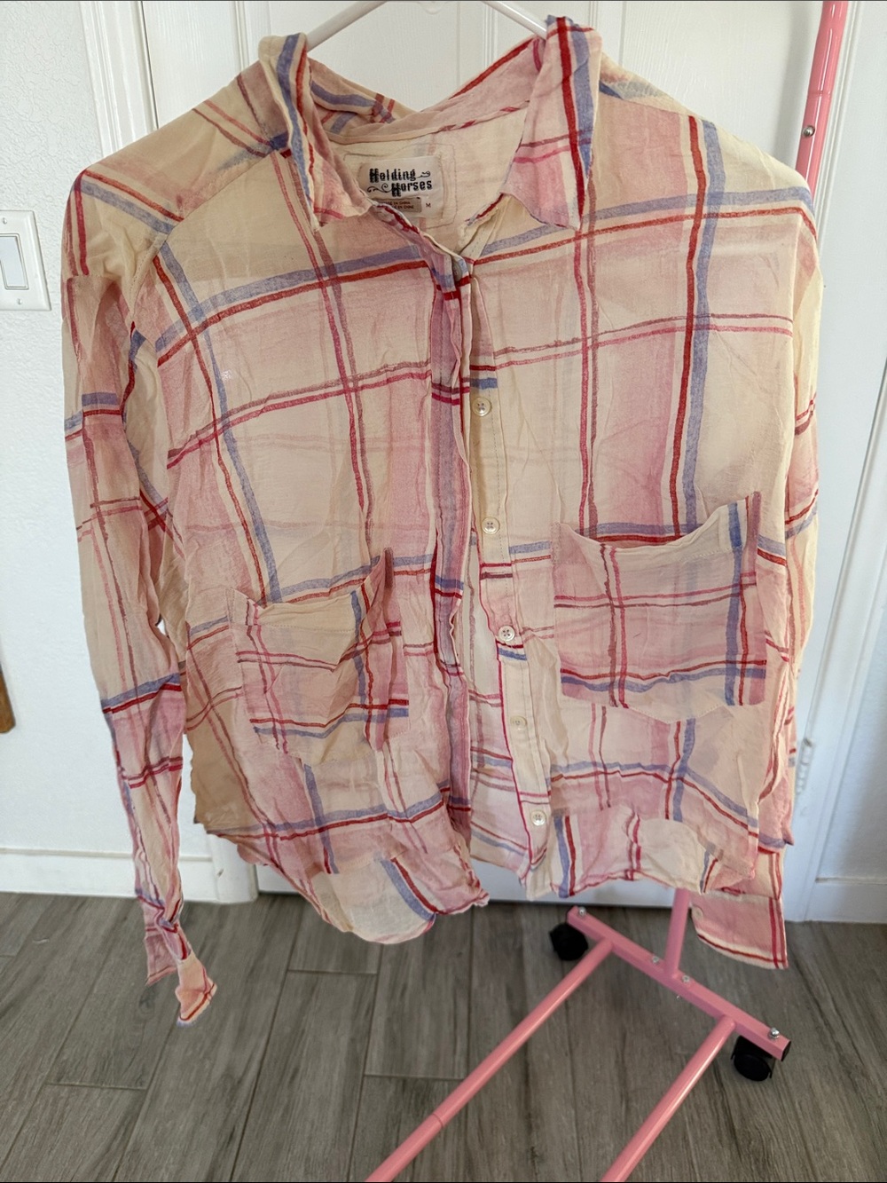 HOLDING HORSES Sheer Plaid Shirt in Cream, Pink & Blue